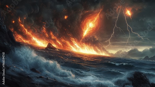 Dramatic seascape with dark stormy skies, lightning strikes, and fiery horizon creating a sense of impending apocalypse and natural disaster.