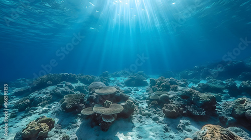 Deep blue sky and colorful sea with sun rays