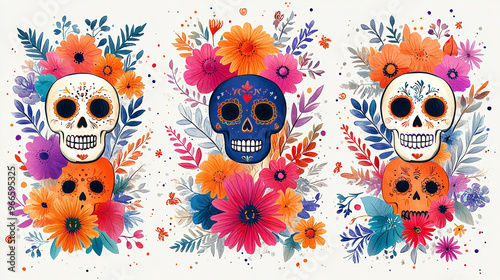 Flat dia de muertos skulls collection