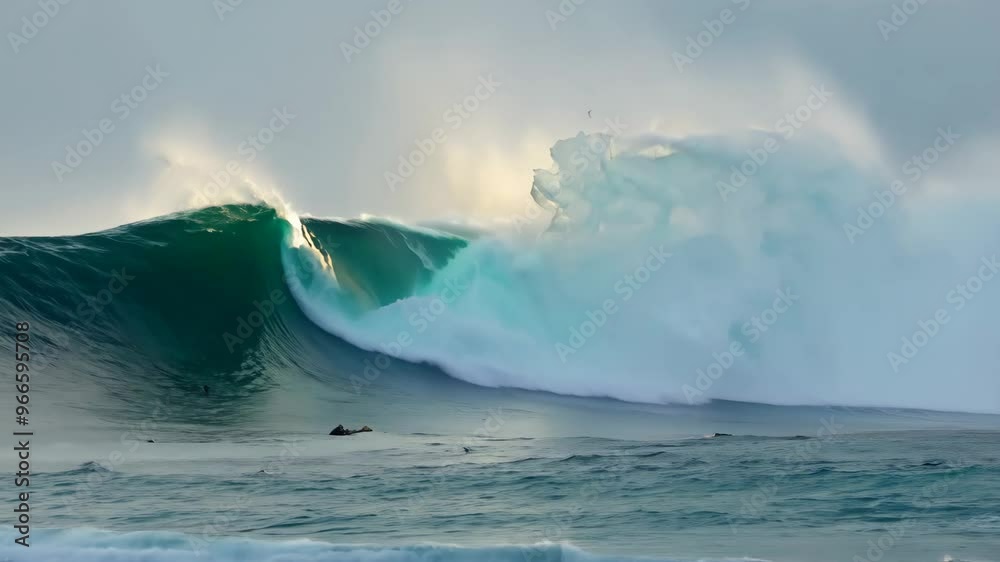 Majestic ocean waves crash dramatically against the shore at dawn with vibrant blue hues and frothy white caps