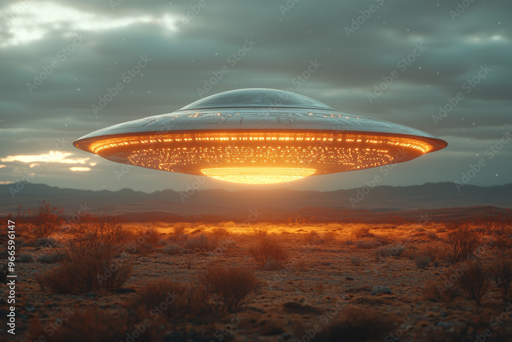 A sleek, silvery object with intricate patterns, hovering over a remote, open desert with minimal light pollution. Concept of extraterrestrial visitation and isolated areas. A sleek, silvery object with intricate patterns, hovering over a remote, open desert with minimal light pollution. Concept of extraterrestrial visitation and isolated areas.