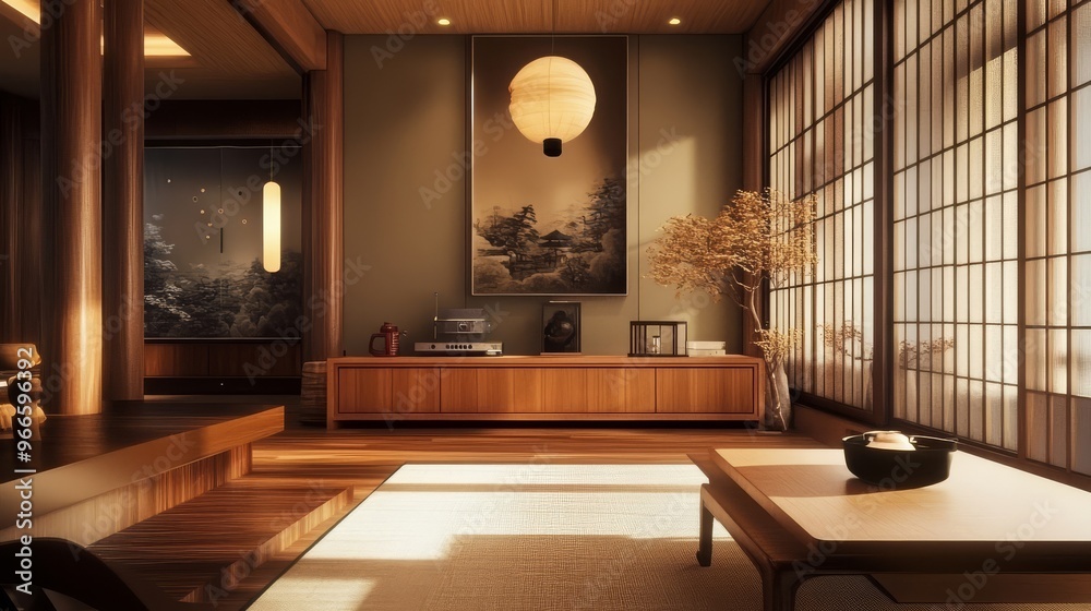 Elegant Japanese-style living room with traditional decor, shoji screens, wooden furniture, and soft lighting creating a serene atmosphere. Elegant Japanese-style living room with traditional decor, shoji screens, wooden furniture, and soft lighting creating a serene atmosphere.