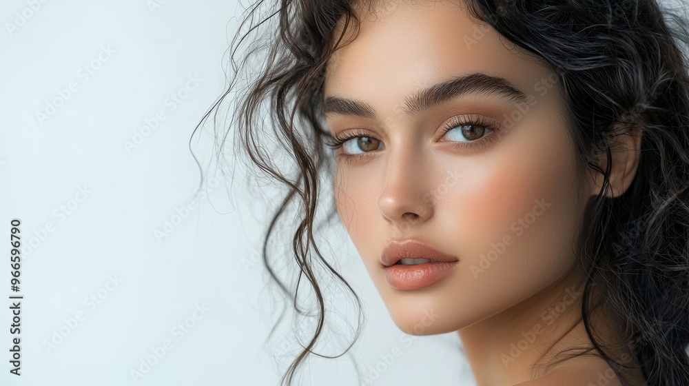 Captivating Portrait of a Serene and Confident Young Woman with Flawless Makeup and Curly Hair Captivating Portrait of a Serene and Confident Young Woman with Flawless Makeup and Curly Hair