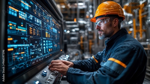 Engineer in protective gear operates advanced machinery in an industrial setting, monitoring control panels for optimal performance.