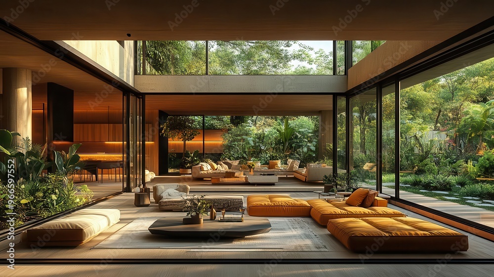 Fototapeta premium contemporary living room flooded with natural light from floortoceiling windows sleek furniture contrasts with the lush garden view creating an indooroutdoor harmony