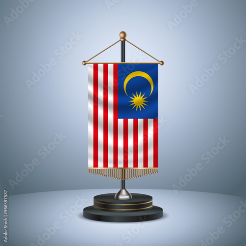 Malaysia Vertical table flag with golden pole of on dark  gradient background