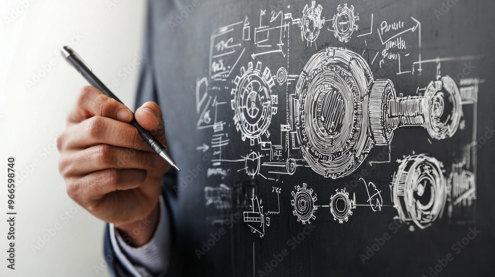 Blackboard Filled With Detailed Engineering Schematic and Mechanical Diagrams