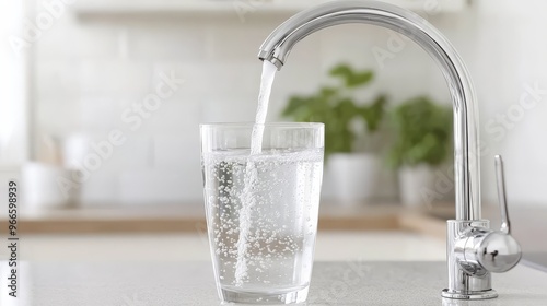 Fresh tap water pouring into a clear glass in a modern kitchen setting, emphasizing hydration and cleanliness.