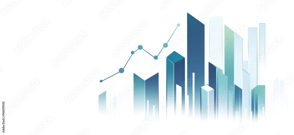 Flat Vector Graphic of an Upward-Trending Graph with Bar Lines in Blue and Green, Representing Financial Growth and Market Innovation on a White Background with Text Space Flat Vector Graphic of an Upward-Trending Graph with Bar Lines in Blue and Green, Representing Financial Growth and Market Innovation on a White Background with Text Space