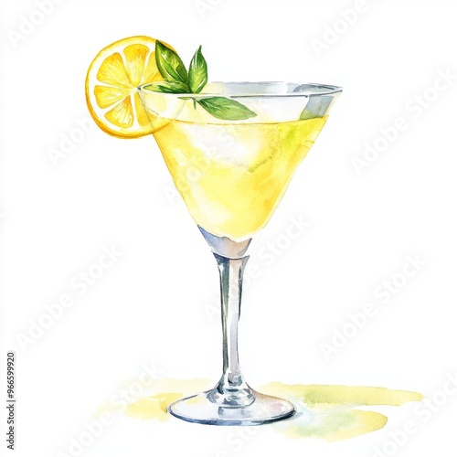 Chic watercolor clipart of a cocktail with a twist of lemon, isolated on white, perfect for summer nights