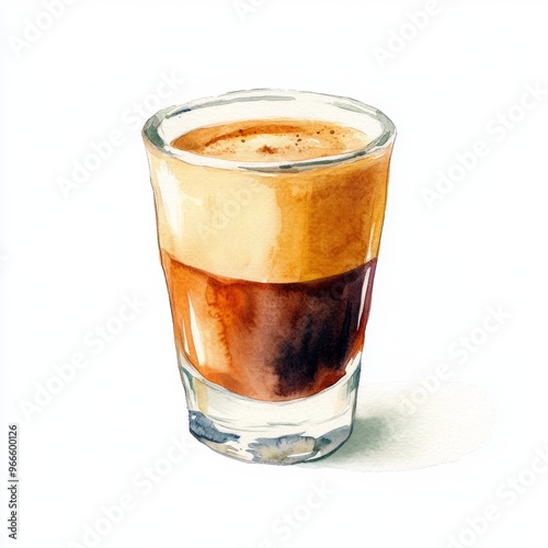 Sophisticated watercolor clipart of an espresso shot, isolated on white, with a rich crema on top