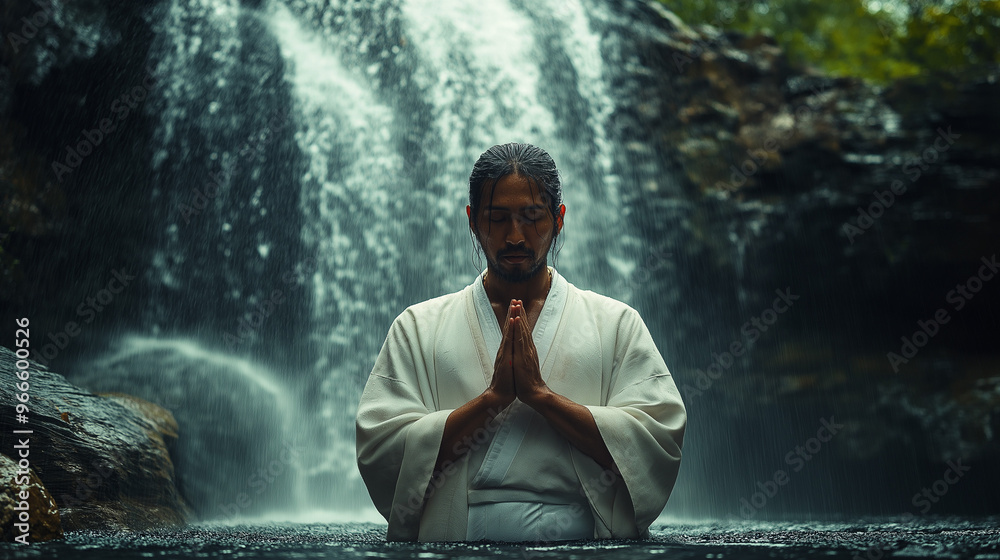 Obraz premium 滝で修業するイメージ