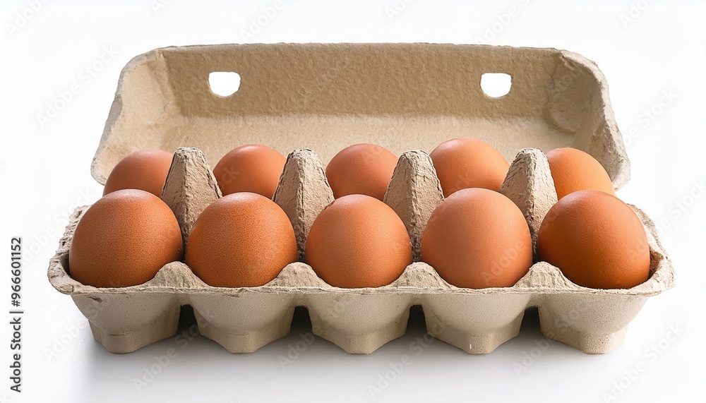 An open egg box containing ten brown eggs is isolated on a white background An open egg box containing ten brown eggs is isolated on a white background