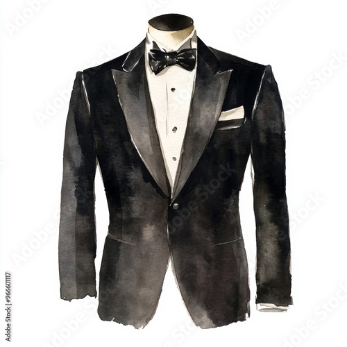 Classic watercolor illustration of a black tuxedo clipart, isolate on white, exuding sophistication and elegance