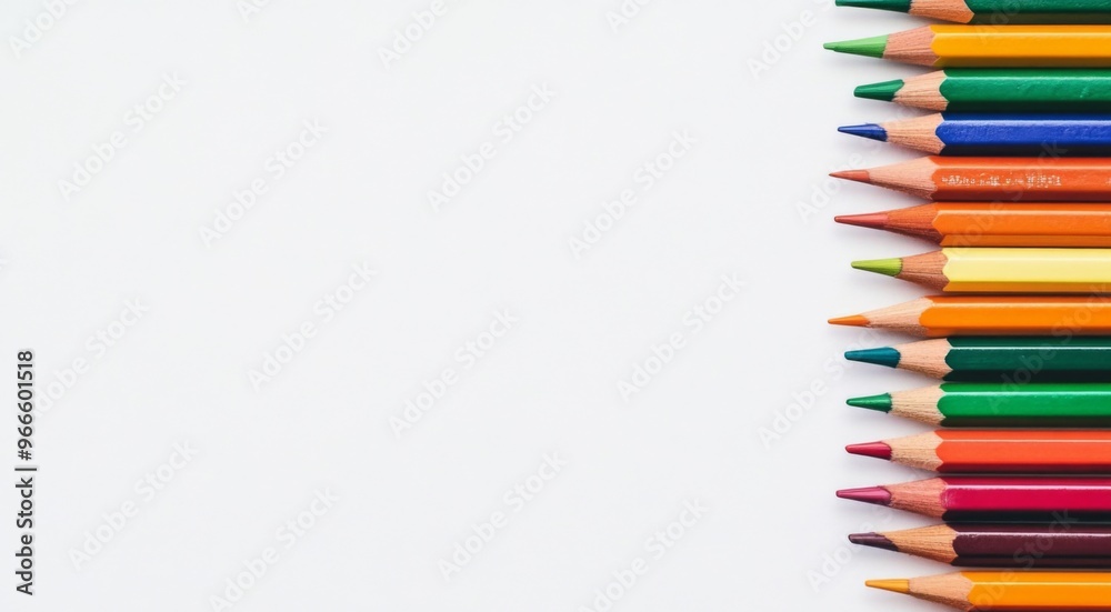 Green, Orange, and Brown Pencils Lined Up on White Background, with Ample Copy Space Green, Orange, and Brown Pencils Lined Up on White Background, with Ample Copy Space