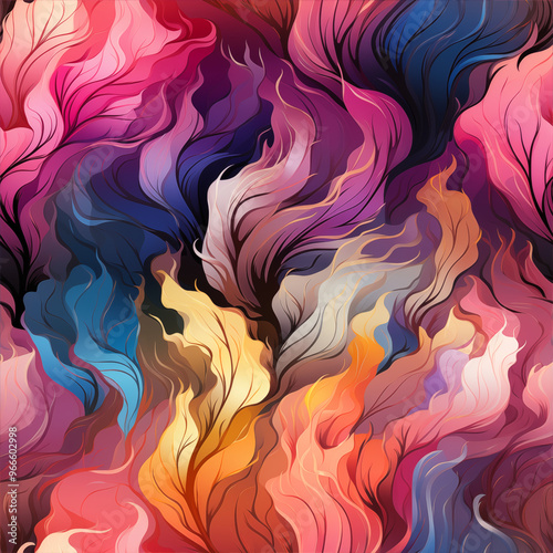 Fantasy floral pattern with glowing petals, iridescent colors, and whimsical swirling vines, inspired by mystical landscapes 