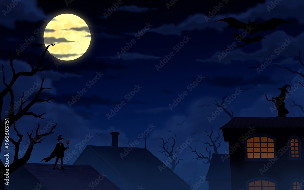 Fototapeta premium A spooky Halloween night scene with a witch and a full moon, perfect for creating a mysterious and magical atmosphere. 