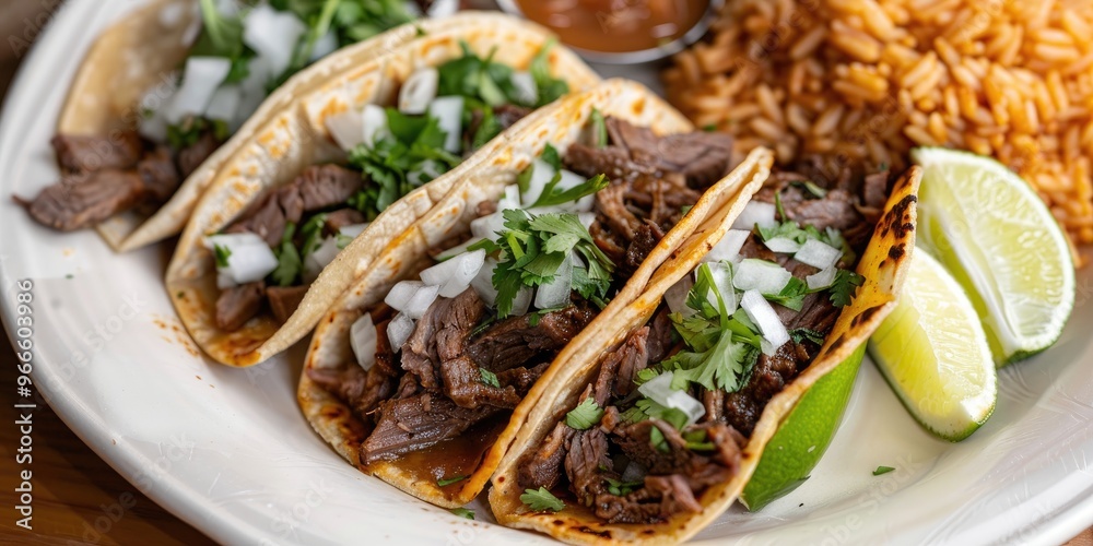 Aerial perspective of a tempting dish featuring three carne asada tacos garnished with cilantro, served alongside rice and refried beans. Aerial perspective of a tempting dish featuring three carne asada tacos garnished with cilantro, served alongside rice and refried beans.