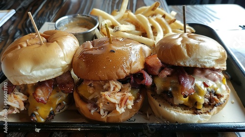 Three Mini Cheeseburgers with Bacon, Slaw, and Fries photo