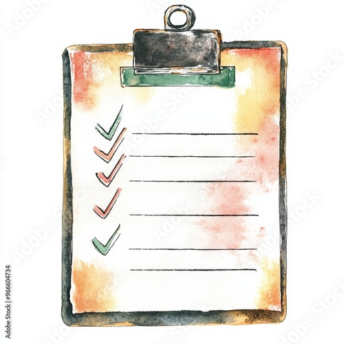 Bold watercolor illustration of a clipboard with checklists clipart, isolate on white, for planners and organizers