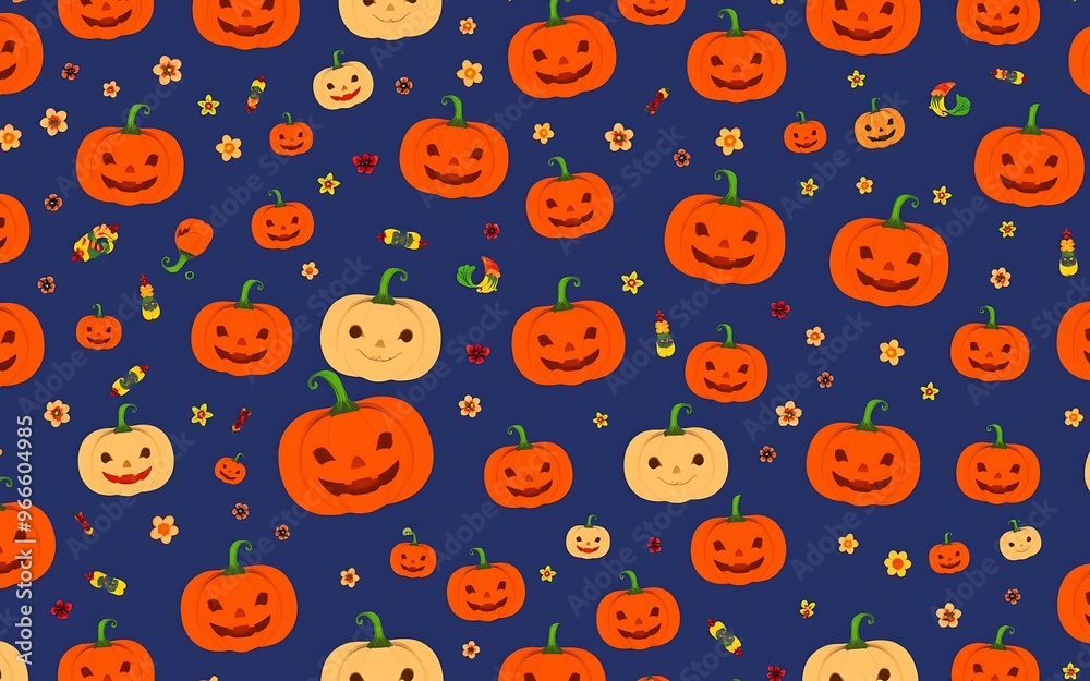 Orange and yellow pumpkins on a blue background, a festive Halloween pattern for spooky fun.
Orange and yellow pumpkins on a blue background, a festive Halloween pattern for spooky fun.