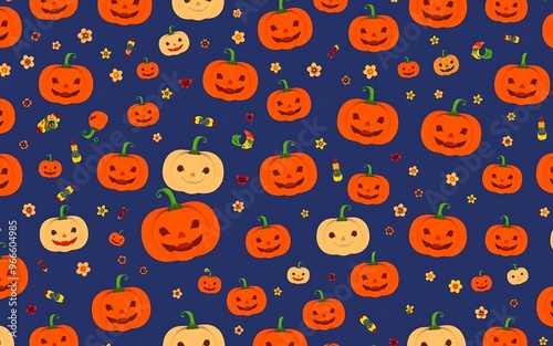 Orange and yellow pumpkins on a blue background, a festive Halloween pattern for spooky fun. 