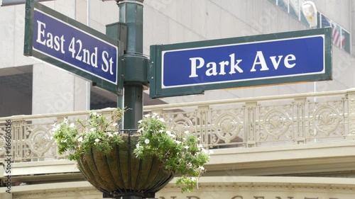 New York City Grand Central Terminal, 42 street, Park Avenue, Pershing Square bridge architecture. Midtown district railroad hub, railway transport. NYC crossroad, East 42nd st. intersection road sign