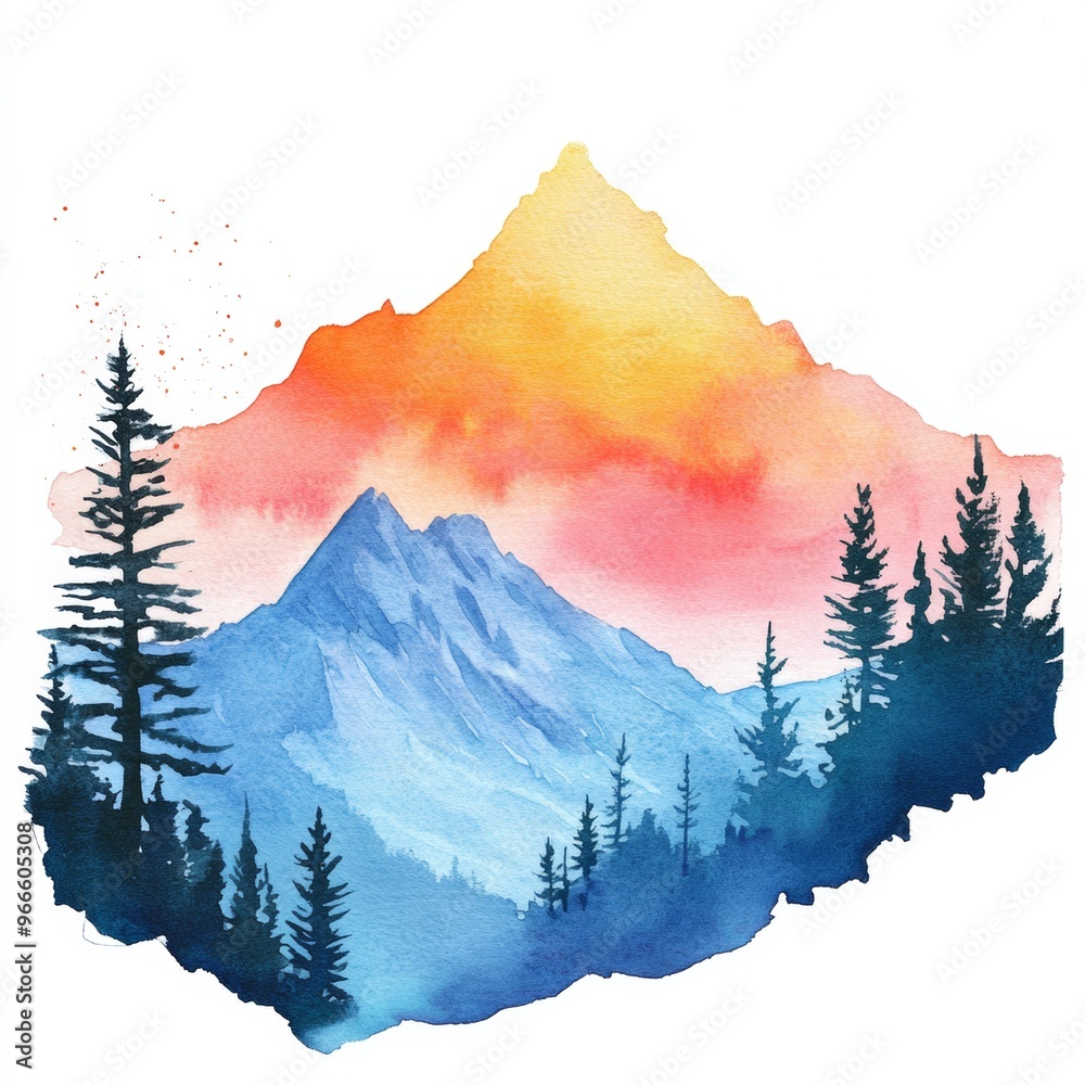 Obraz premium Vibrant watercolor illustration of a mountain landscape clipart, isolate on white, calling to explorers and dreamers