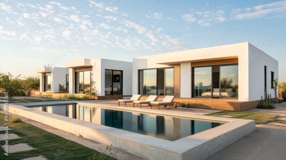 Modern white minimalist villas with large windows and pool in a serene desert landscape during sunset, perfect for luxury living and relaxation. Modern white minimalist villas with large windows and pool in a serene desert landscape during sunset, perfect for luxury living and relaxation.