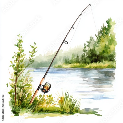 Peaceful watercolor illustration of a fishing rod by a lake clipart, isolate on white, for quiet moments in nature