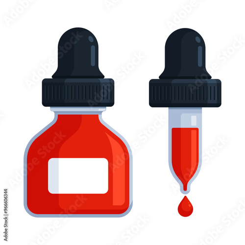 Red dropper bottle with pipette and droplet. Flat vector illustration isolated on white background with copy space. Ink, dye, colorant, tincture, reagent, essential oil, serum concept	
