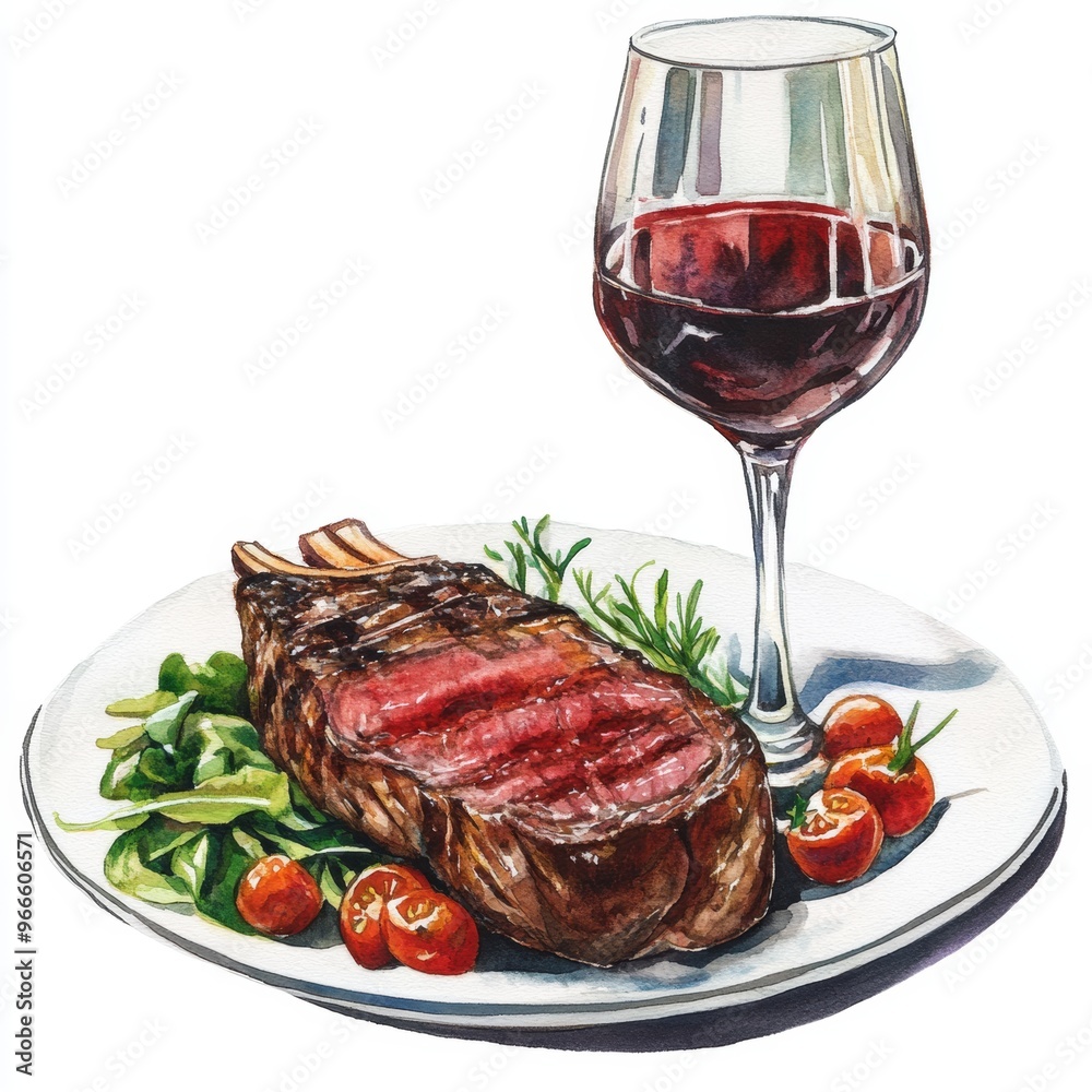Elegant watercolor clipart of a wine and dine setting, isolated on white, with a glass of red and a fine cut of steak Elegant watercolor clipart of a wine and dine setting, isolated on white, with a glass of red and a fine cut of steak