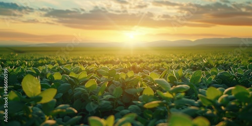 Fototapeta Naklejka Na Ścianę i Meble -  Soybean field landscape during sunset Large scale cultivation of soybean sprouts Soy plants thriving in a vast field