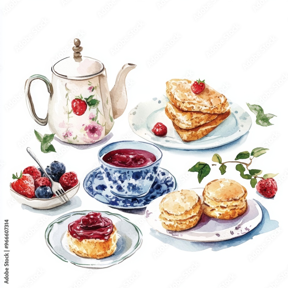 Charming watercolor illustration of an afternoon tea set clipart, isolate on white, with scones and jam