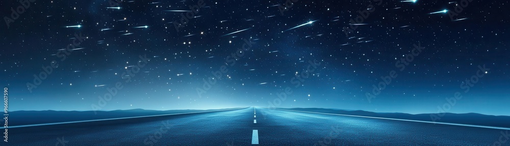 Naklejka premium Endless road under a starry sky, flat design, deep blues, animated shooting stars