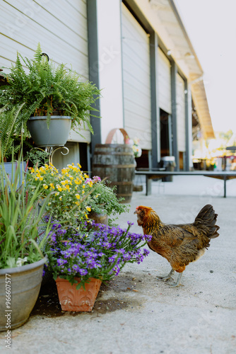 Free-Range Chicken in Rustic Backyard Garden with Flowers and Potted Plants