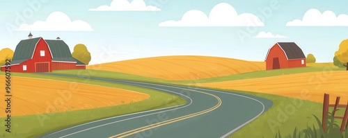 Endless rural road, barns and fields, flat design, rich earth tones, animated scene