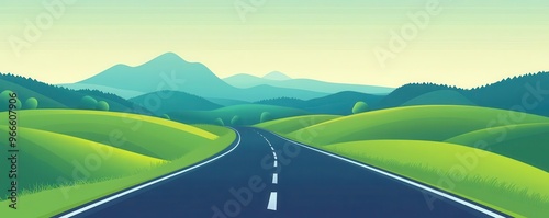 Road through a rolling landscape, endless, flat design, vibrant hues, animated hills