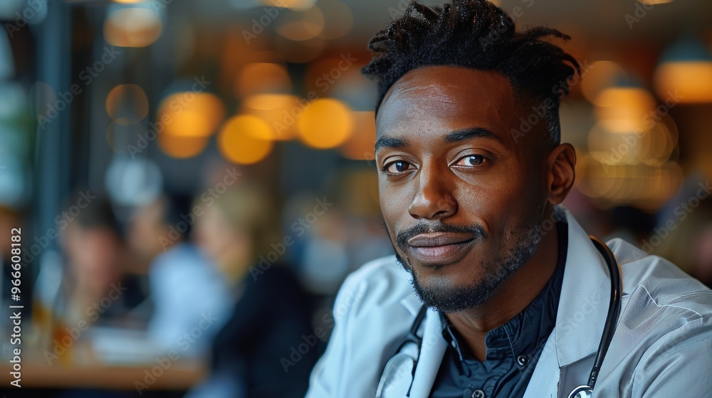 Portrait of a Confident Young Black Doctor Wearing Stethoscope in a Busy Hospital Hall Setting Portrait of a Confident Young Black Doctor Wearing Stethoscope in a Busy Hospital Hall Setting