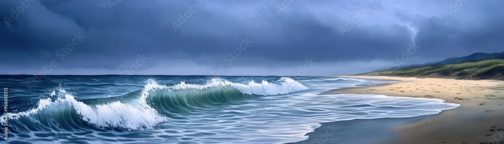 waves crashing on a lonely sandy beach flat design, front view, moody evening, watercolor, Split-complementary color scheme waves crashing on a lonely sandy beach flat design, front view, moody evening, watercolor, Split-complementary color scheme