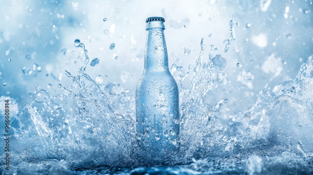 Refreshing glass bottle splashing in ice-cold water, capturing the essence of cool refreshment and hydration Refreshing glass bottle splashing in ice-cold water, capturing the essence of cool refreshment and hydration