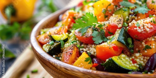 Savory Couscous with SautÃƒÂ©ed Vegetables and Space for Text Relish a delicious mix of spicy couscous topped with fresh cilantro, green onions, and tangy lemon. photo