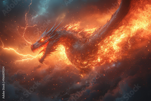 A menacing, fire-breathing dragon soaring through a stormy sky with lightning flashing around it. Concept of classic fantasy and dragon lore.