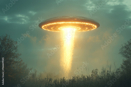 A luminous, cigar-shaped UFO moving steadily across a clear blue sky, leaving a faint trail behind. Concept of space vehicles and daylight sightings. photo