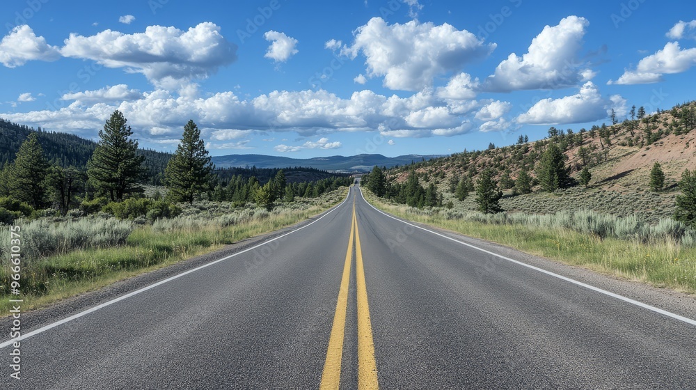 Naklejka premium Scenic open road through beautiful countryside under blue skies and fluffy clouds, surrounded by lush greenery and mountains on the horizon.