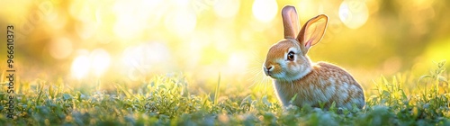 Cute brown rabbit sitting on dewy grass in a sunny, green garden. The sunlight creates a warm, serene atmosphere highlighting the furry animal. 