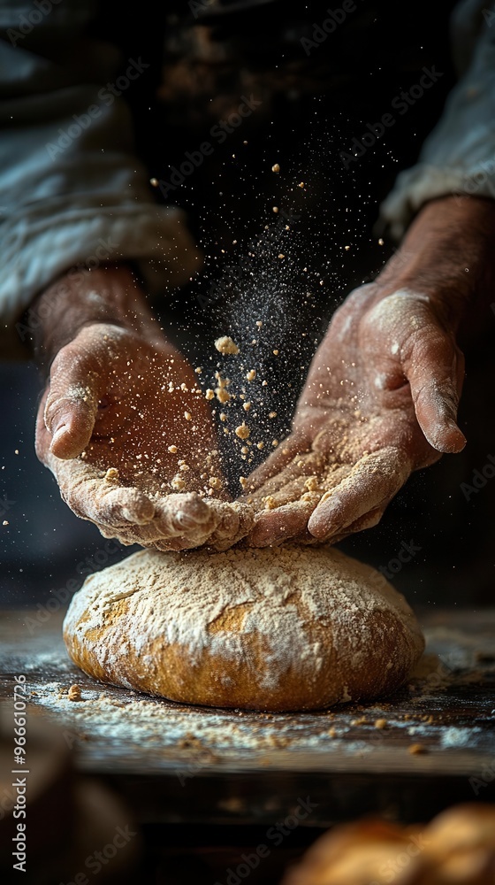 artisanal bakers hands kneading rustic dough with flour dust dramatically illuminated rich textures of bread wood surface and weathered hands create a sensory traditional scene artisanal bakers hands kneading rustic dough with flour dust dramatically illuminated rich textures of bread wood surface and weathered hands create a sensory traditional scene