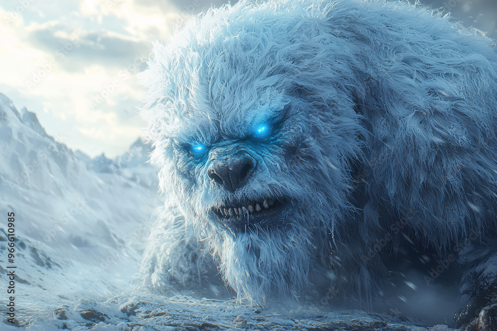 A formidable, ice-covered creature with glowing blue eyes and a frosty breath, lurking in a snowy wasteland. Concept of ice monsters and wintry desolation. A formidable, ice-covered creature with glowing blue eyes and a frosty breath, lurking in a snowy wasteland. Concept of ice monsters and wintry desolation.