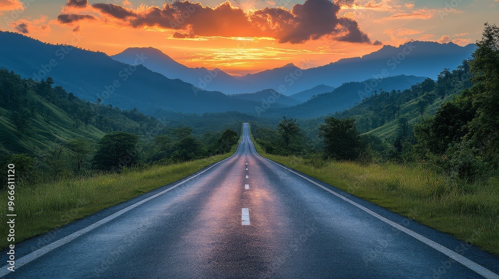 Fototapeta premium Scenic sunset view of an open road leading through lush green hills towards distant mountains under a colorful sky.