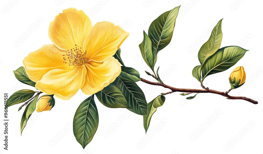 A yellow blossom branch with green leaves flower petal leaf. A yellow blossom branch with green leaves flower petal leaf.